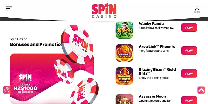 Spin Casino Casino NZ homepage screenshot